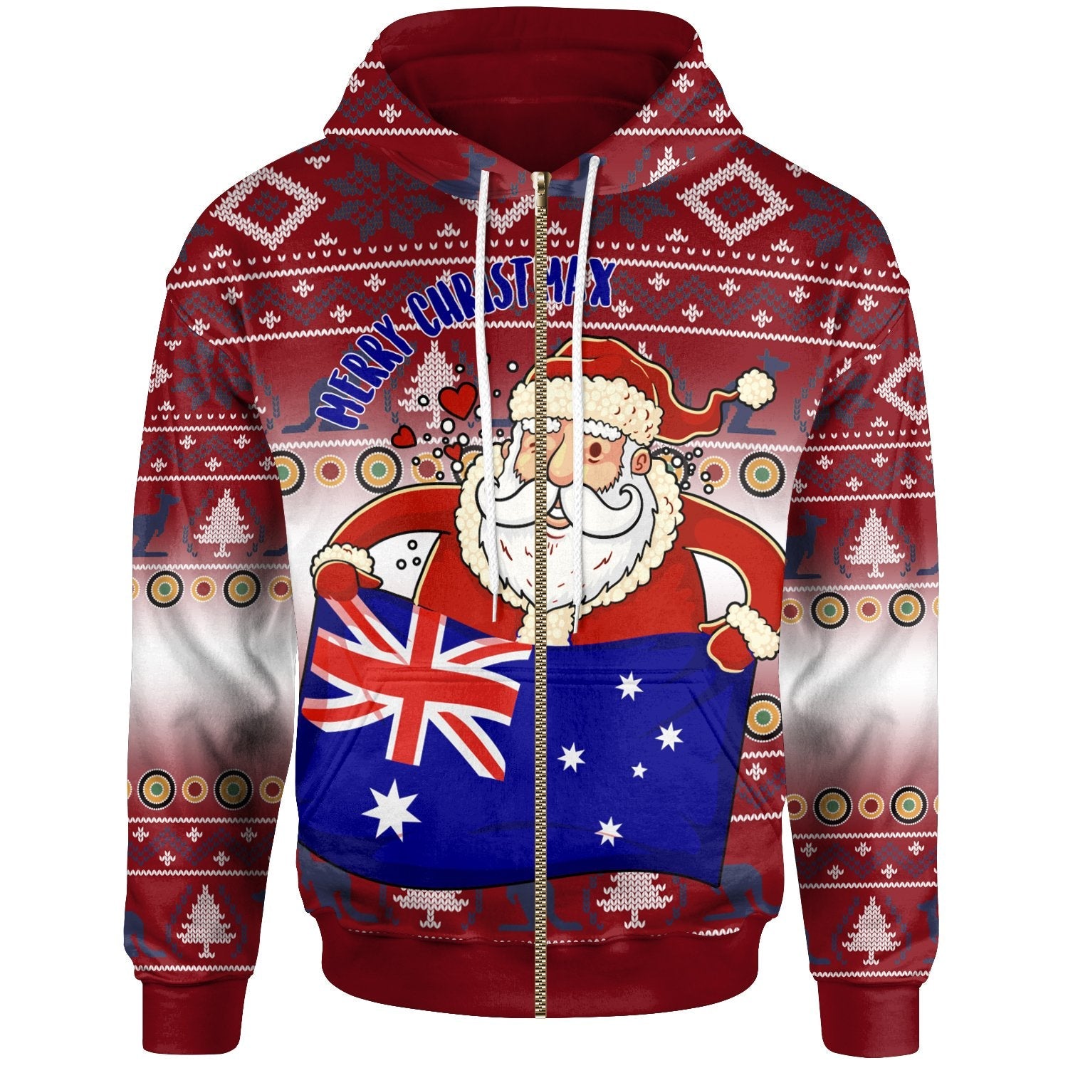 Christmas Zip - Up Hoodie - Australia Santa Claus Hold The Flag (Red) - Vibe Hoodie Shop