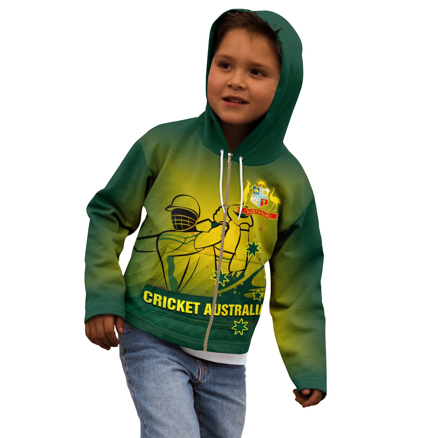 Cricket Kid Zip - Up Hoodie - Australian Cricket National Color - Vibe Hoodie Shop