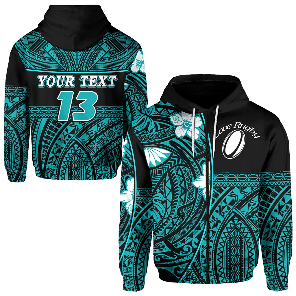 (Custom Personalised) Polynesian Rugby Zip Hoodie Love Turquoise - Custom Text and Number - Vibe Hoodie Shop