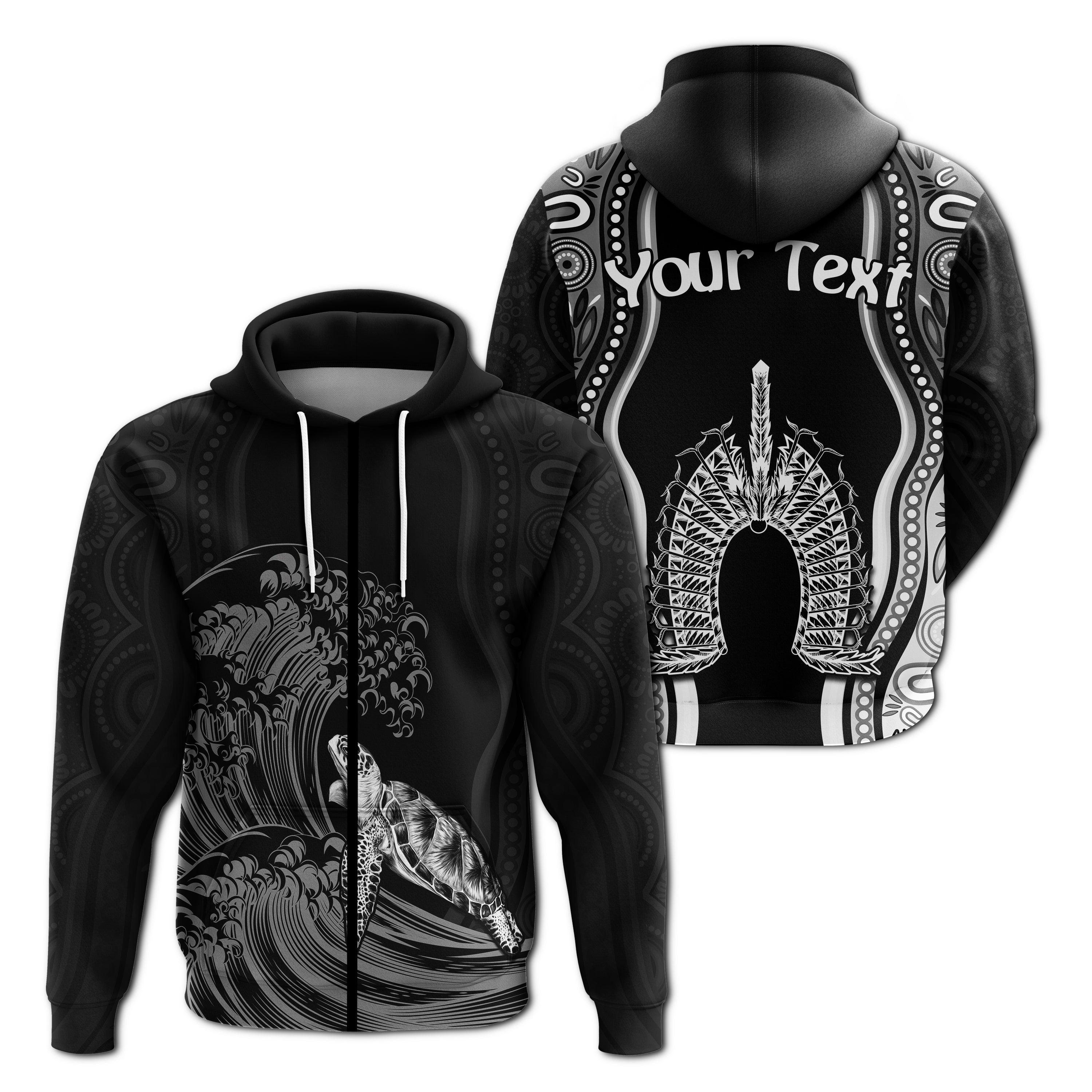 (Custom Personalised) Torres Strait Islands Zip Hoodie The Dhari Mix Aboriginal Turtle Version Black LT13 - Vibe Hoodie Shop