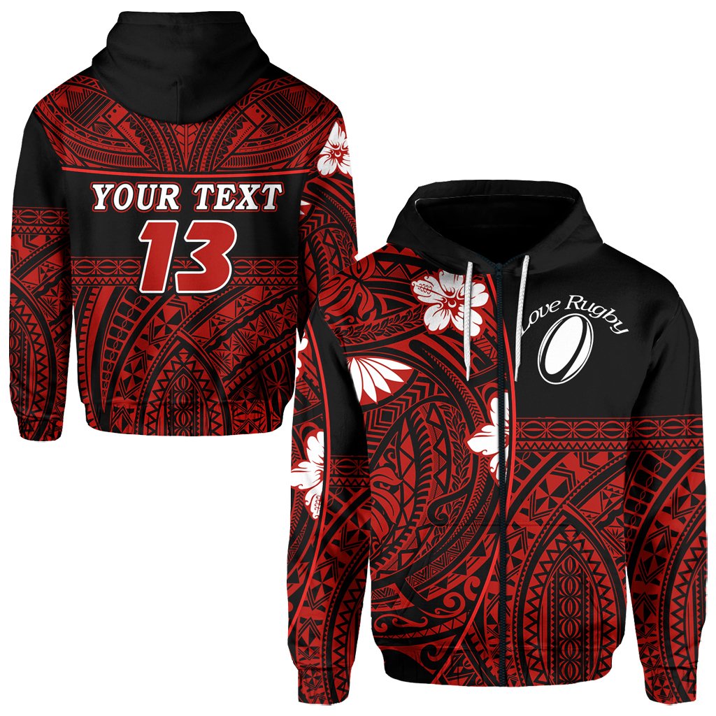 (Custom Personalised) Polynesian Rugby Zip Hoodie Love Red - Custom Text and Number - Vibe Hoodie Shop