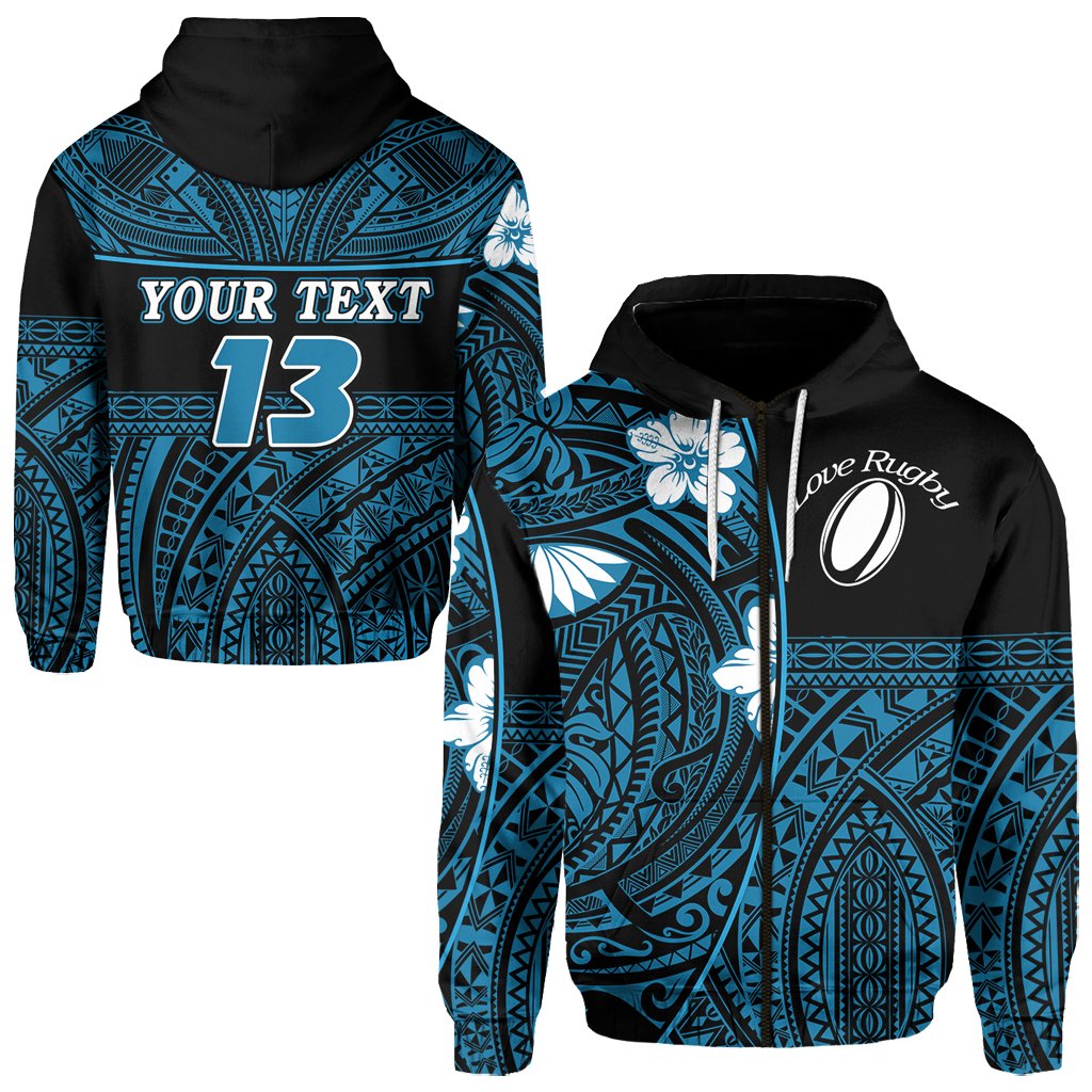 (Custom Personalised) Polynesian Rugby Zip Hoodie Love Blue - Custom Text and Number - Vibe Hoodie Shop