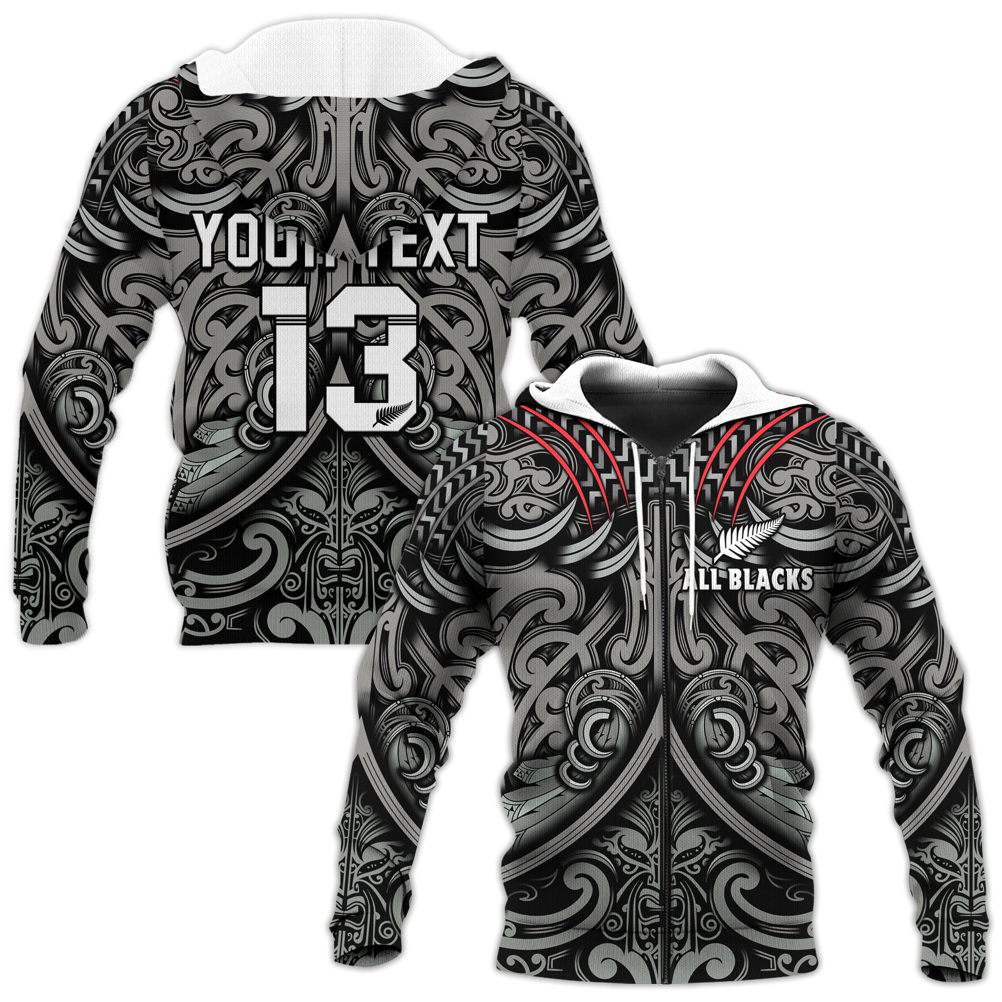 (Custom Text and Number) New Zealand Silver Fern Rugby Hoodie All Black NZ Maori Pattern LT13 - Vibe Hoodie Shop