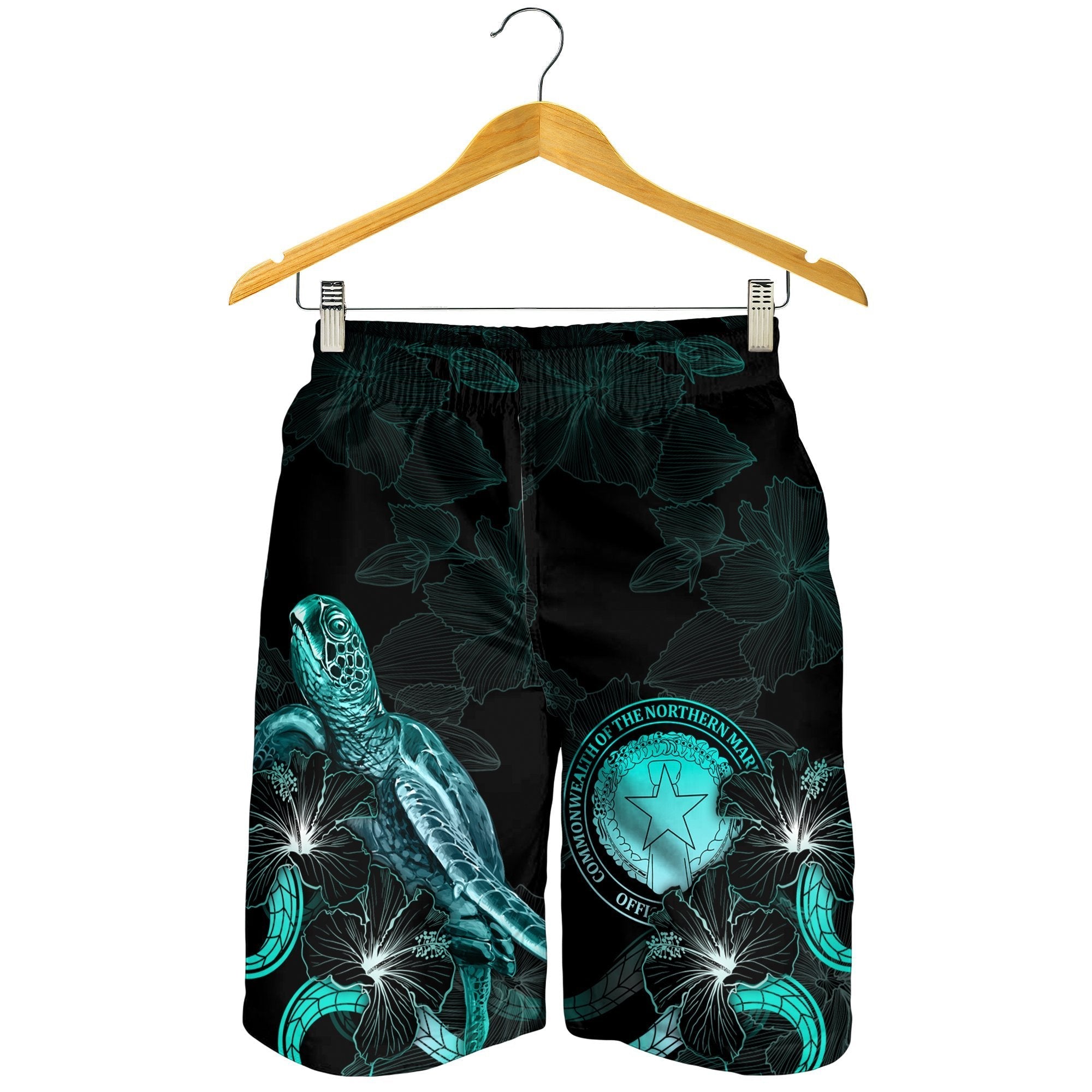 CNMI Polynesian Men's Shorts - Turtle With Blooming Hibiscus Turquoise - Vibe Hoodie Shop