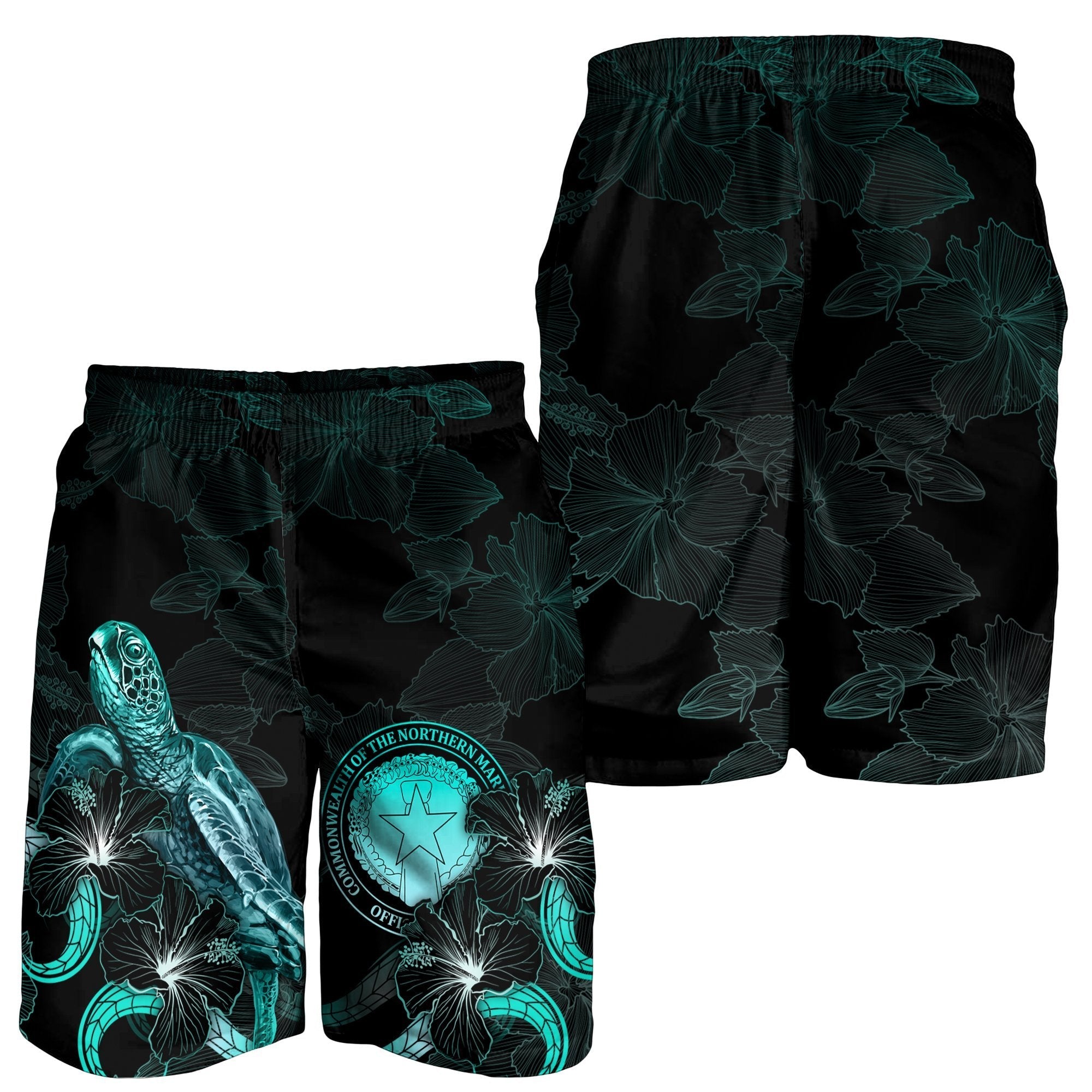 CNMI Polynesian Men's Shorts - Turtle With Blooming Hibiscus Turquoise - Vibe Hoodie Shop