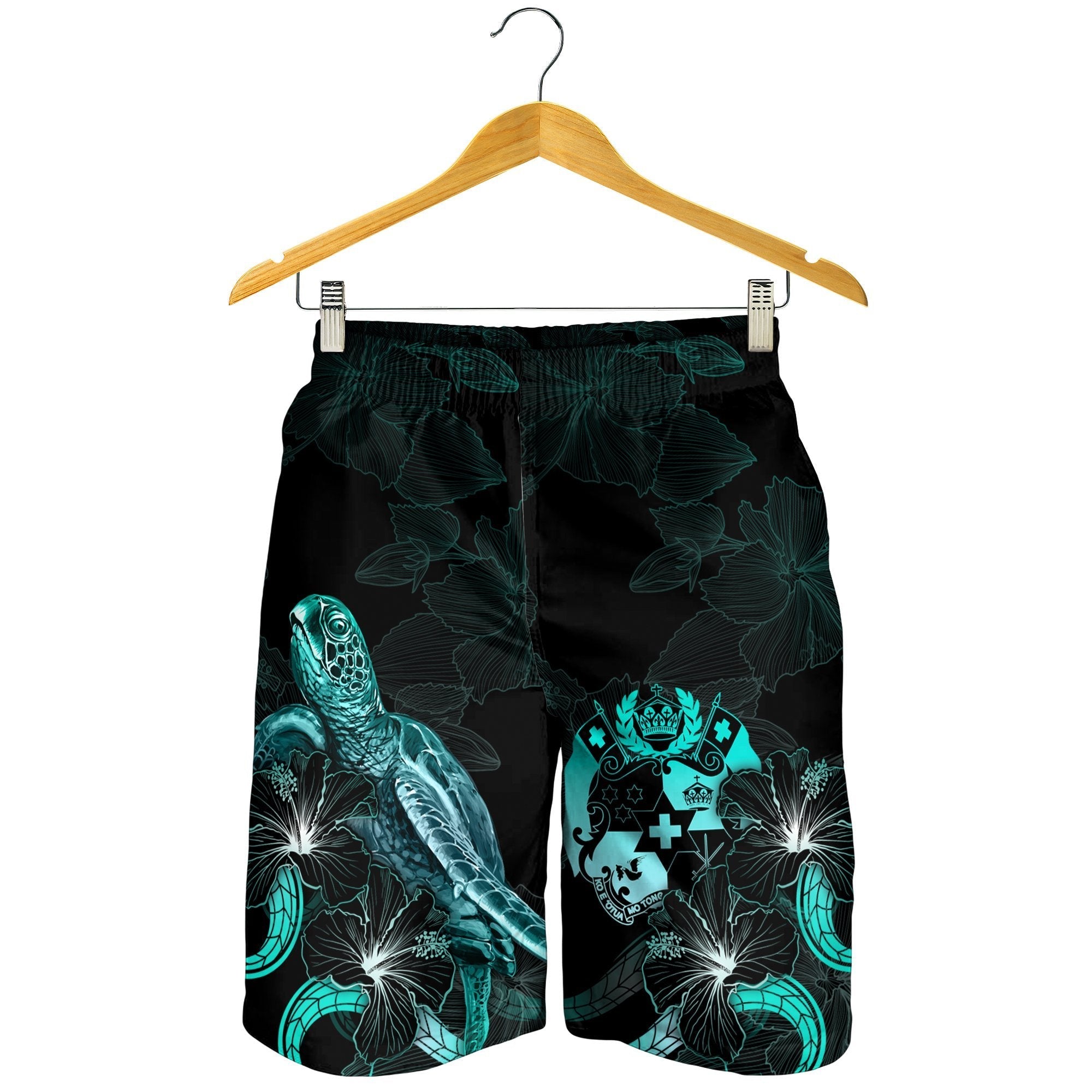 Tonga Polynesian Men's Shorts - Turtle With Blooming Hibiscus Turquoise - Vibe Hoodie Shop