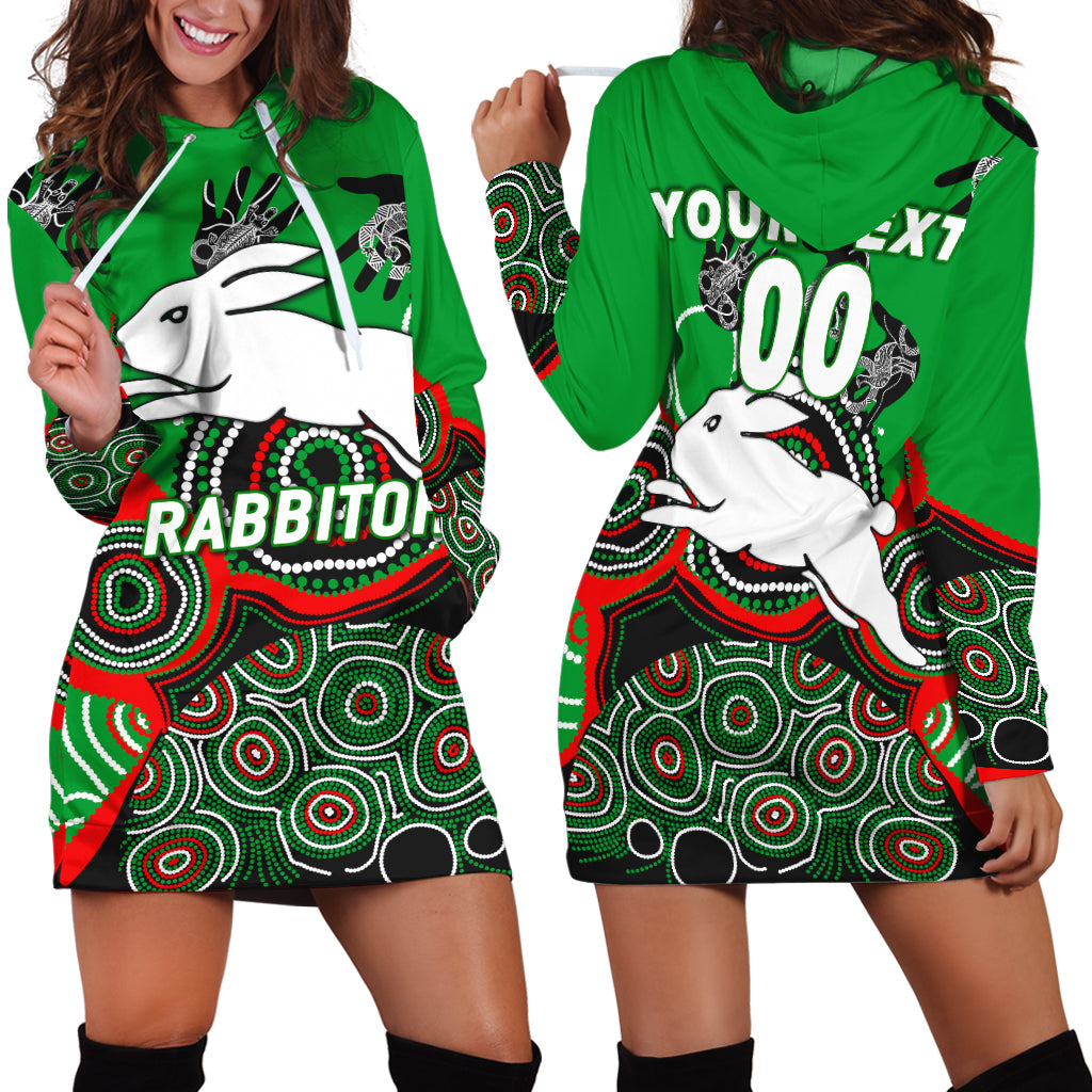 (Custom Personalised) Rabbitohs Rugby Aboriginal Art Hoodie Dress - - Vibe Hoodie Shop