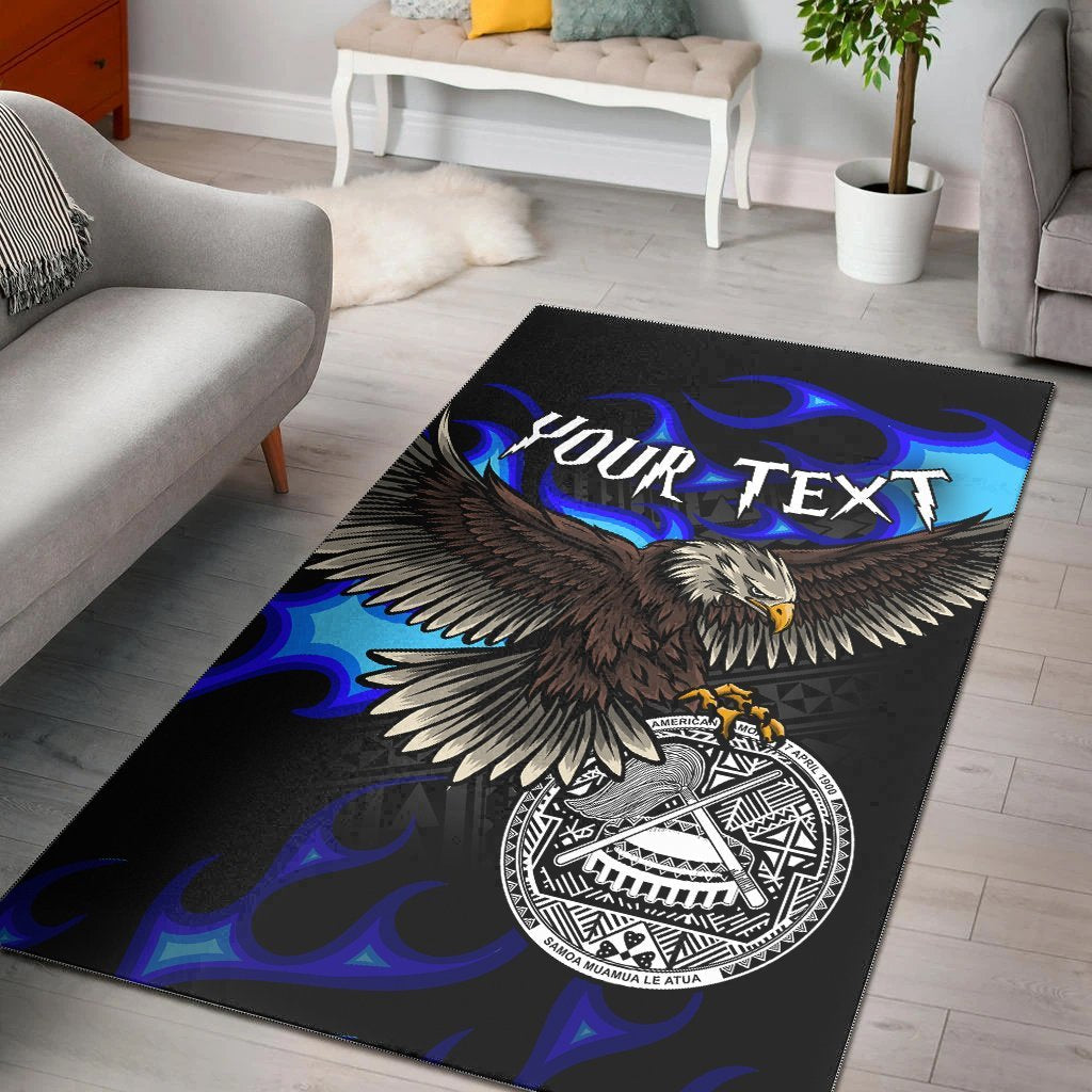 American Samoa Polynesian Custom Personalised Area Rug - Eagle With Flame Blue - Vibe Hoodie Shop