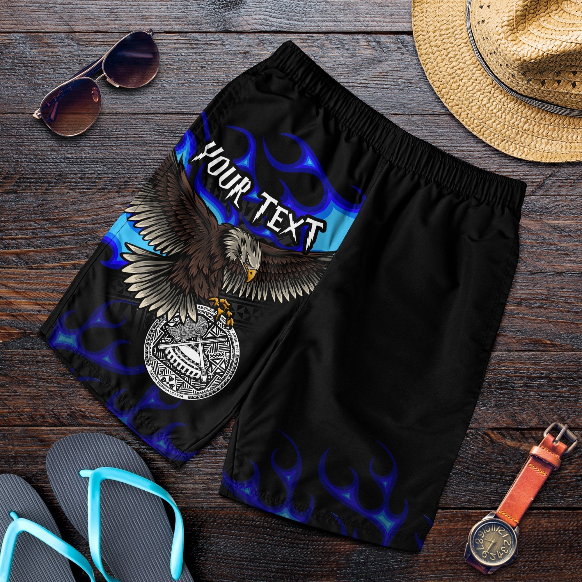 American Samoa Polynesian Custom Personalised Men's Shorts - Eagle With Flame Blue - Vibe Hoodie Shop