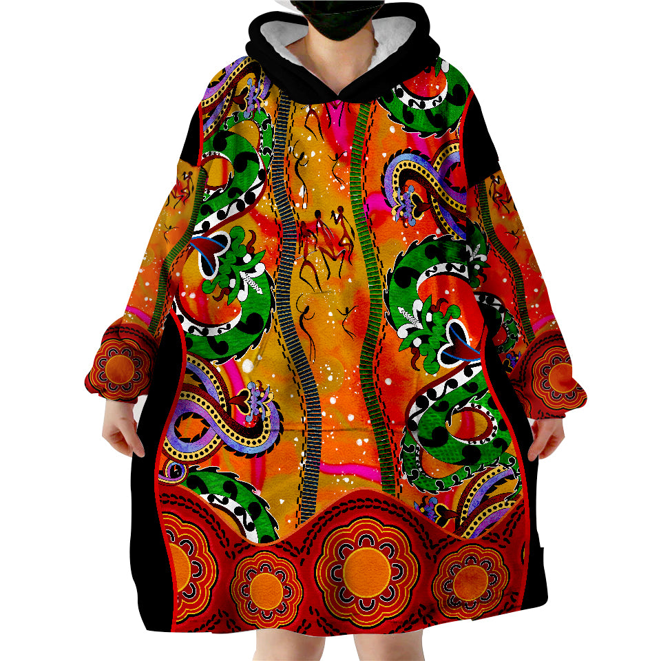 Aboriginal Aussie Indigenous Patterns Orange Wearable Blanket Hoodie - Vibe Hoodie Shop