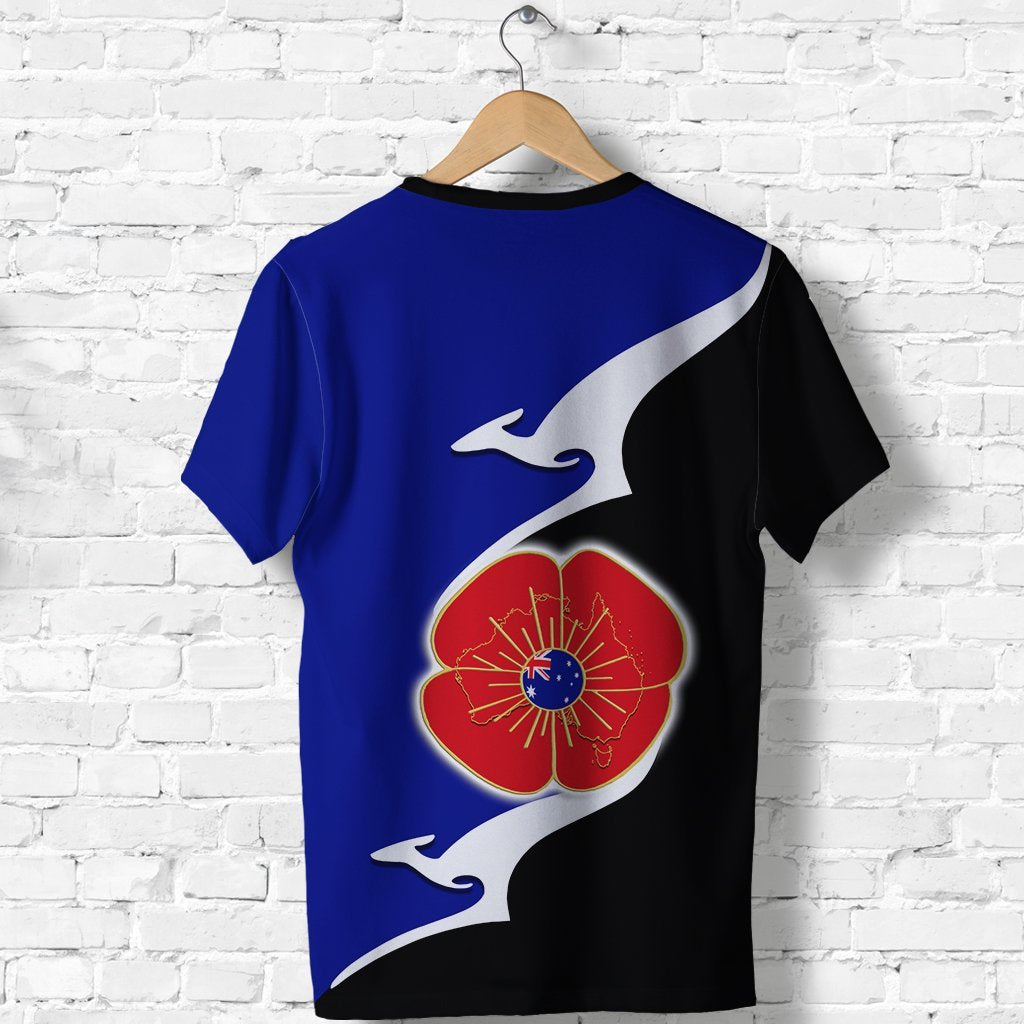 ANZAC T shirt - Lest We Forget Poppy Map Kangaroo Blue - Vibe Hoodie Shop