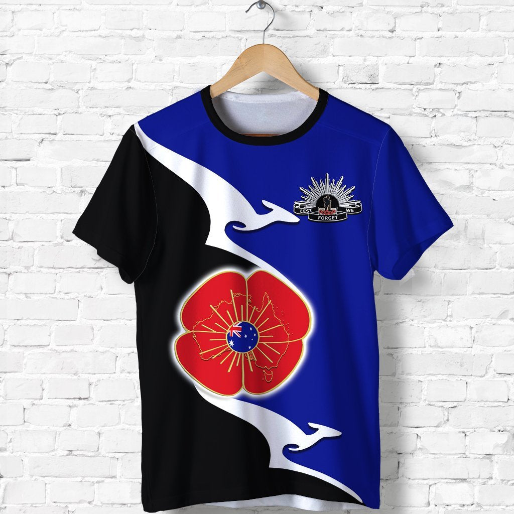 ANZAC T shirt - Lest We Forget Poppy Map Kangaroo Blue - Vibe Hoodie Shop