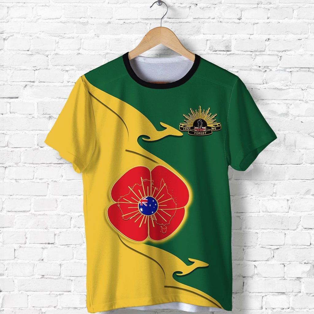 ANZAC T shirt - Lest We Forget Poppy Map Kangaroo - Vibe Hoodie Shop