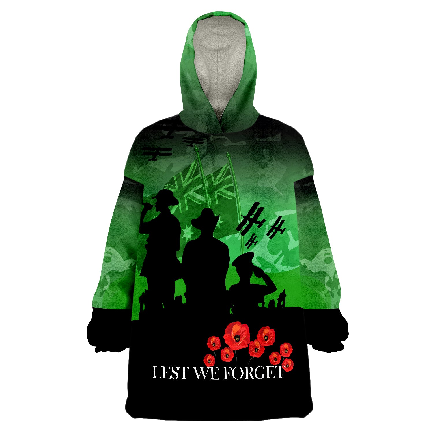 ANZAC Heroes New Zealand Green Lest We Forget Wearable Blanket Hoodie - Vibe Hoodie Shop