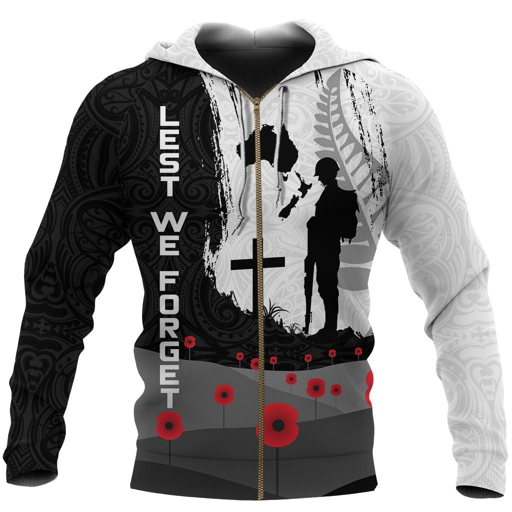 ANZAC Day Zip Hoodie, New Zealand Australia Lest We Forget Zipper Hoodie - Vibe Hoodie Shop