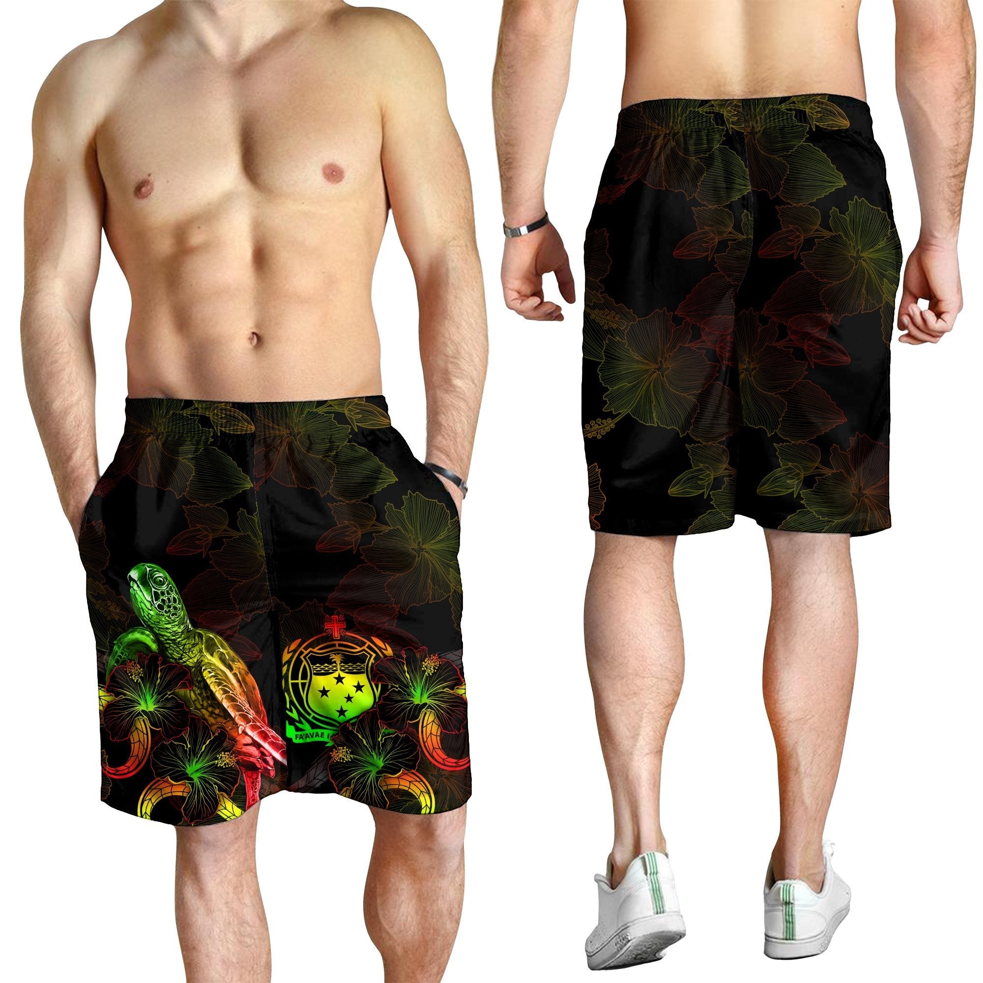 Samoa Polynesian Men's Shorts - Turtle With Blooming Hibiscus Reggae - Vibe Hoodie Shop