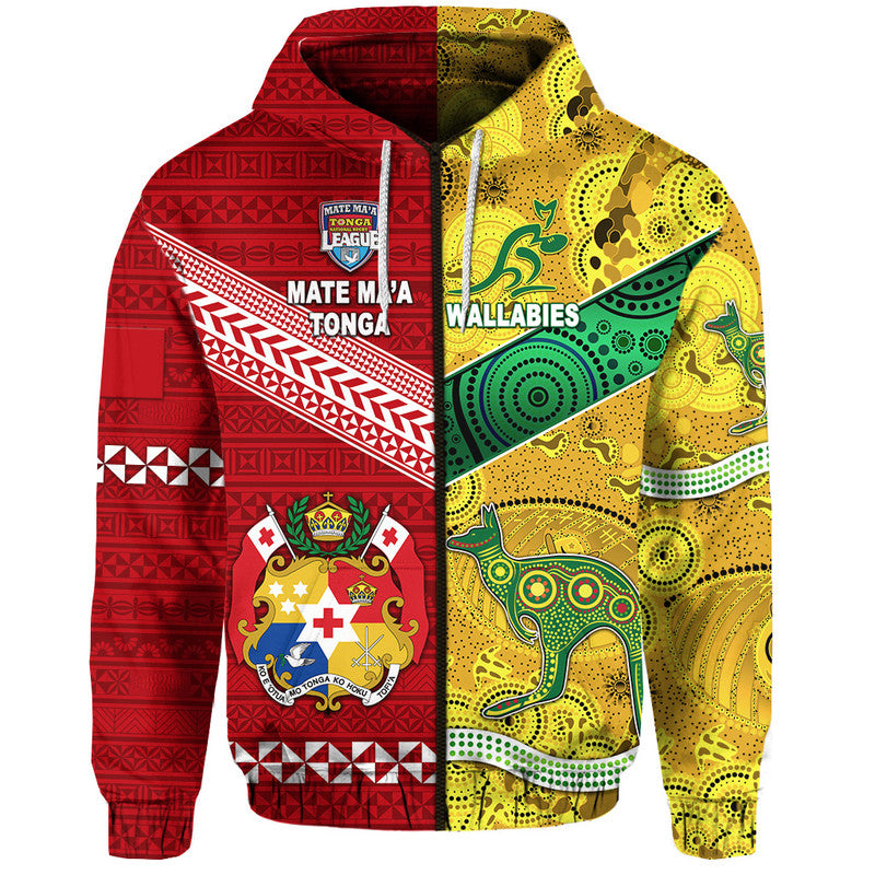 (Custom Personalised) Mate Ma'a Tonga Ngatu And Australia Wallabies Aboriginal Zip Up And Pullover Hoodie Rugby Together LT8 - Vibe Hoodie Shop