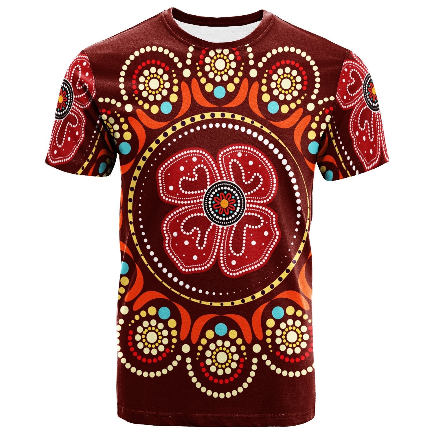 T shirt - Aboriginal Dot Art Painting With Red Poppy Flower - Vibe Hoodie Shop