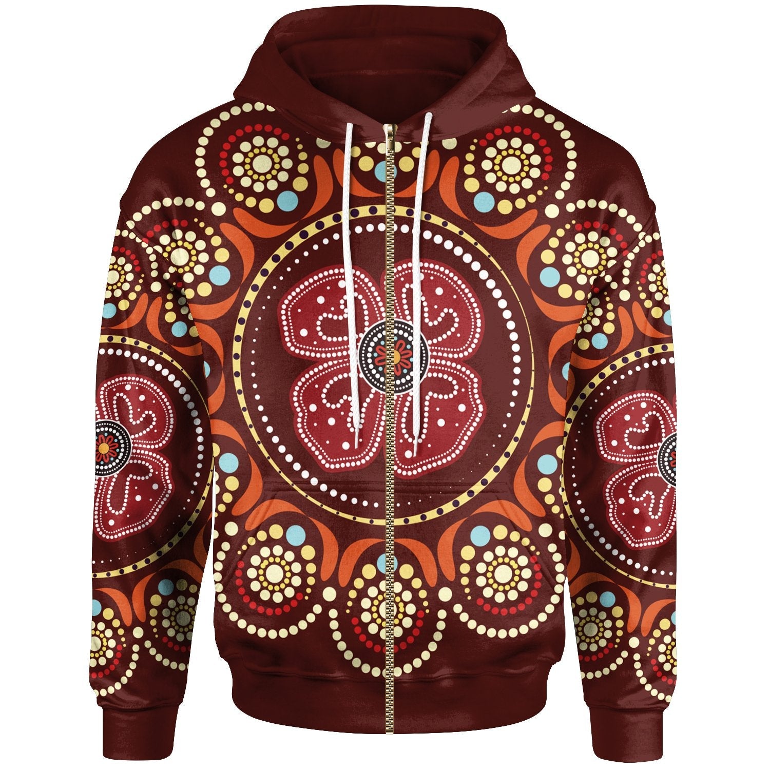 Aboriginal Zip - Up Hoodie - Aboriginal Dot Art Painting With Red Poppy Flower - Vibe Hoodie Shop