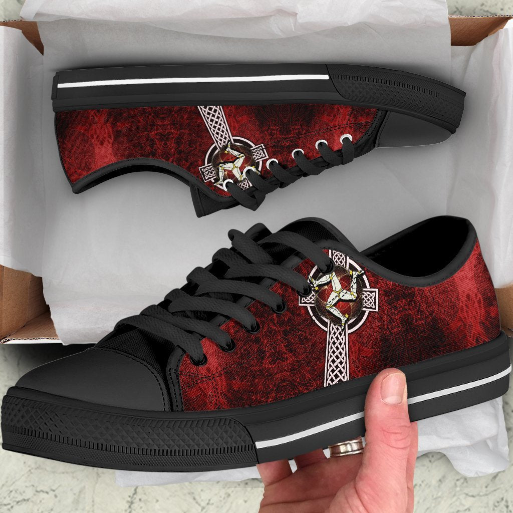 Isle Of Man Celtic Low Top Shoes - Celtic Cross and Triskele Skew Style - Vibe Hoodie Shop