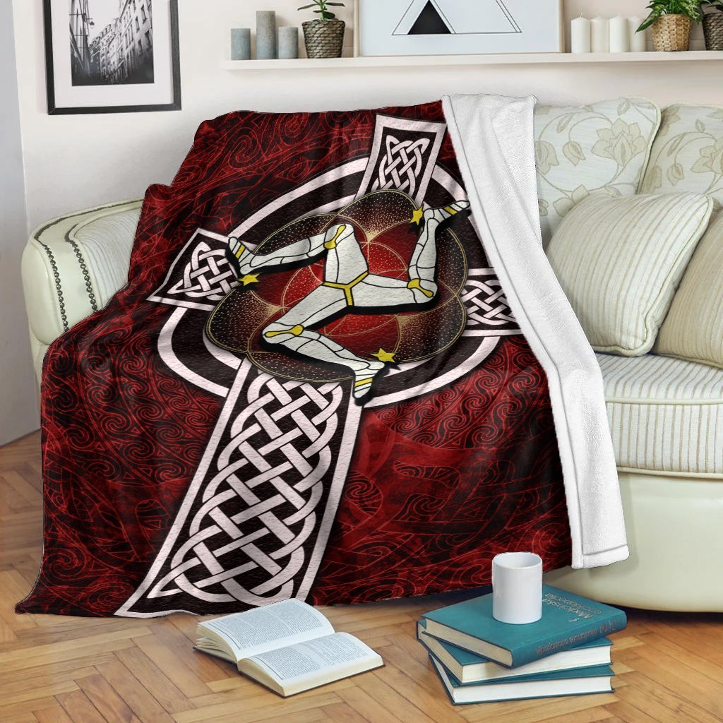 Isle Of Man Celtic Premium Blanket - Celtic Cross and Triskele Skew Style - Vibe Hoodie Shop
