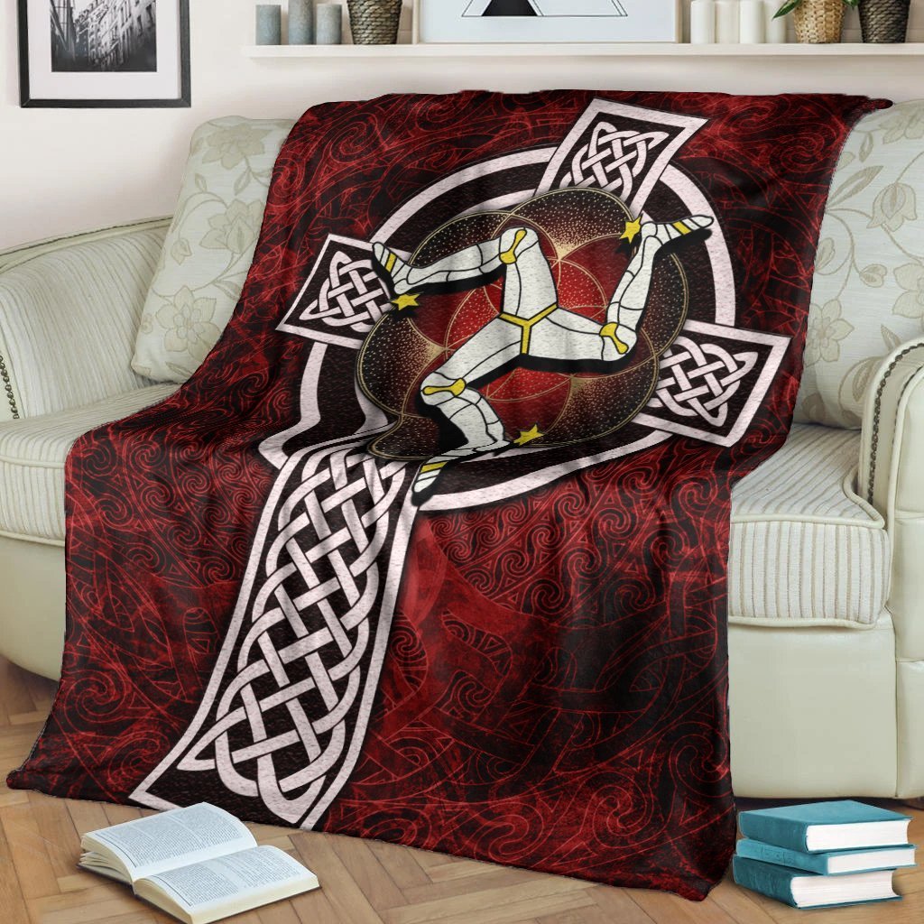 Isle Of Man Celtic Premium Blanket - Celtic Cross and Triskele Skew Style - Vibe Hoodie Shop