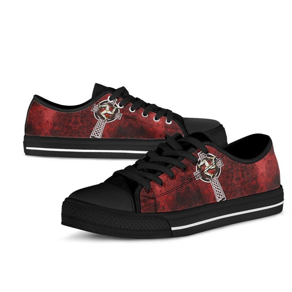 Isle Of Man Celtic Low Top Shoes - Celtic Cross and Triskele Skew Style - Vibe Hoodie Shop