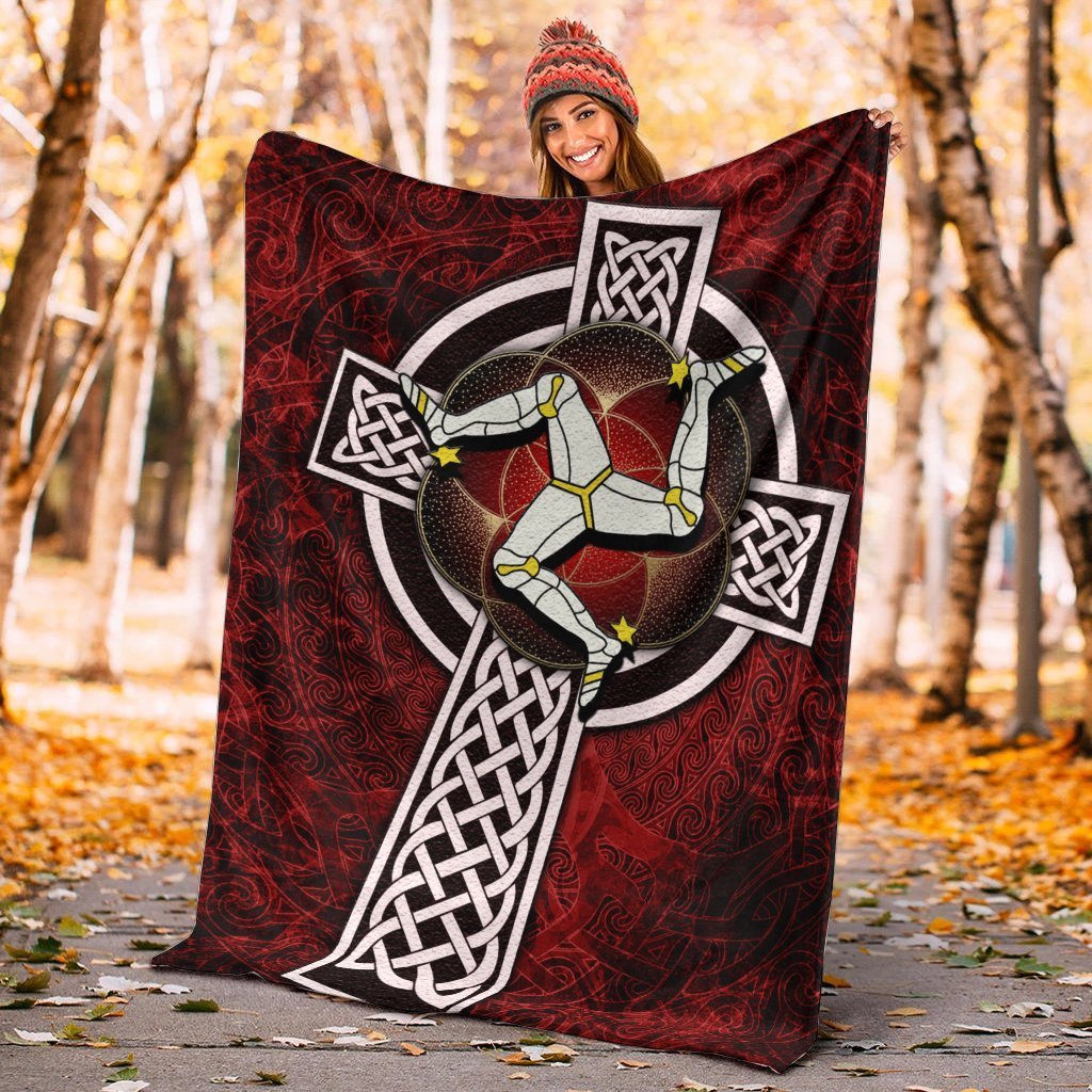Isle Of Man Celtic Premium Blanket - Celtic Cross and Triskele Skew Style - Vibe Hoodie Shop