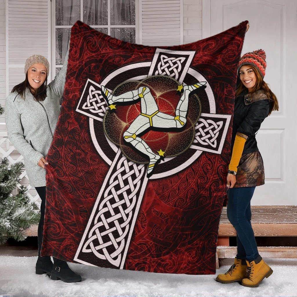 Isle Of Man Celtic Premium Blanket - Celtic Cross and Triskele Skew Style - Vibe Hoodie Shop
