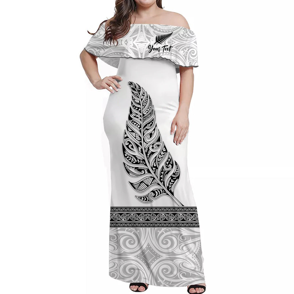 (Custom Personalised) New Zealand Off Shoulder Long Dress Maori Pattern Silver Fern White - Vibe Hoodie Shop