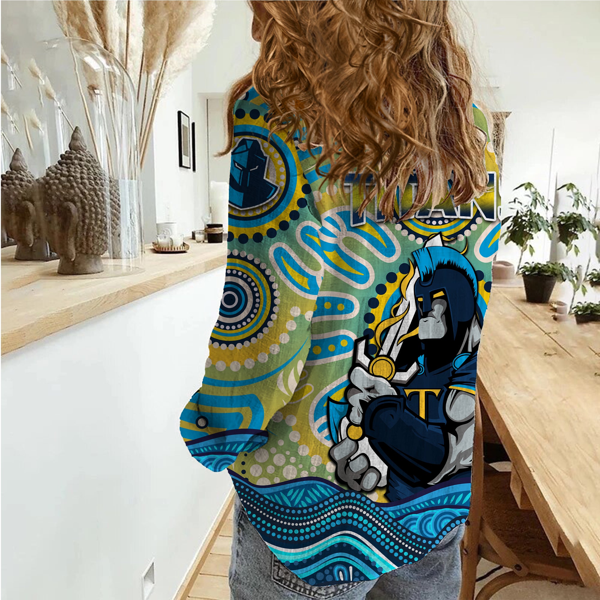 Titans Rugby Australia Aboriginal Gold Blue Women Casual Shirt - - Vibe Hoodie Shop