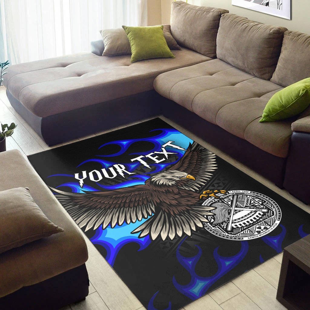 American Samoa Polynesian Custom Personalised Area Rug - Eagle With Flame Blue - Vibe Hoodie Shop