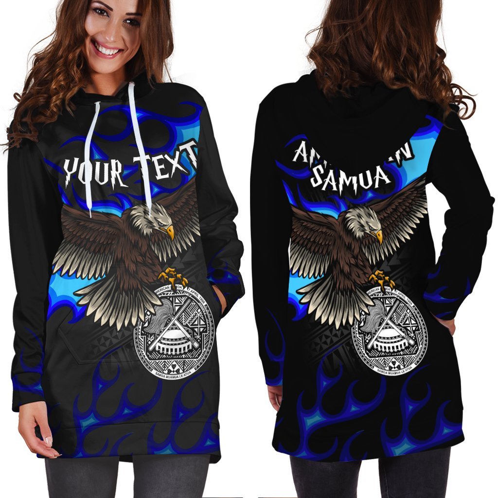 American Samoa Polynesian Custom Personalised Hoodie Dress - Eagle With Flame Blue - Vibe Hoodie Shop