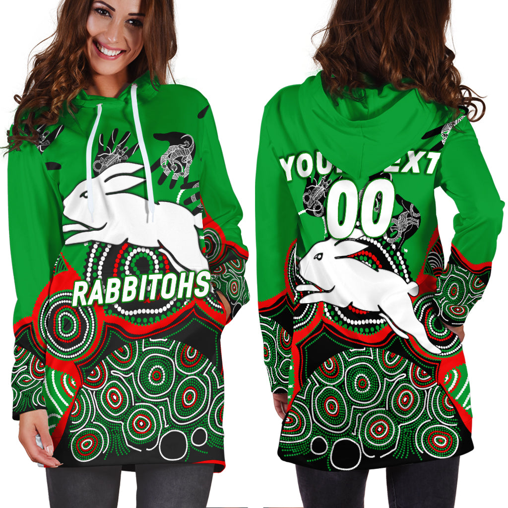 (Custom Personalised) Rabbitohs Rugby Aboriginal Art Hoodie Dress - - Vibe Hoodie Shop