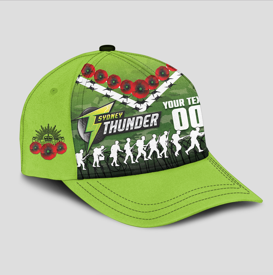 (Custom Personalised) Sydney Thunder ANZAC 2022 Caps Camouflage With Poppy - - Vibe Hoodie Shop