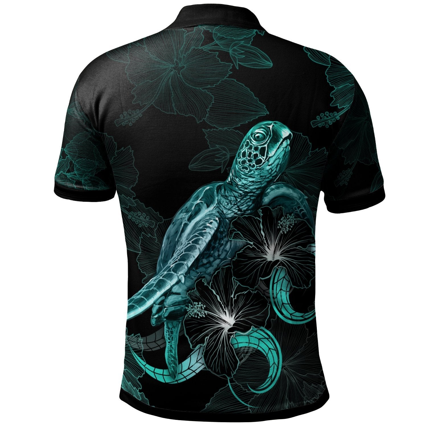 Vanuatu Polynesian Polo Shirt - Turtle With Blooming Hibiscus Turquoise - Vibe Hoodie Shop