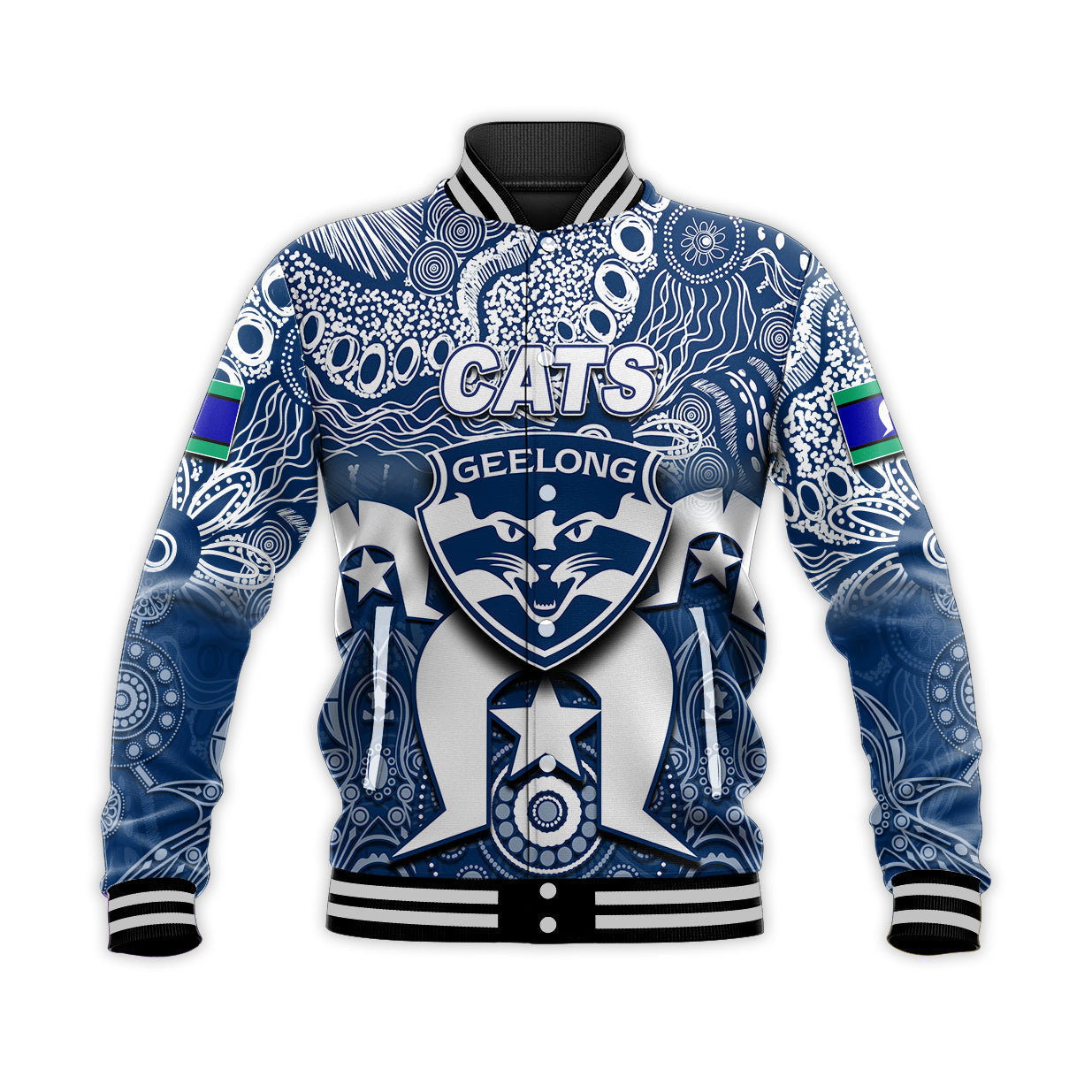 (Custom Personalised) Cats Australian Football Torres Strait Islanders Mix Aboriginal Baseball Jacket - Vibe Hoodie Shop