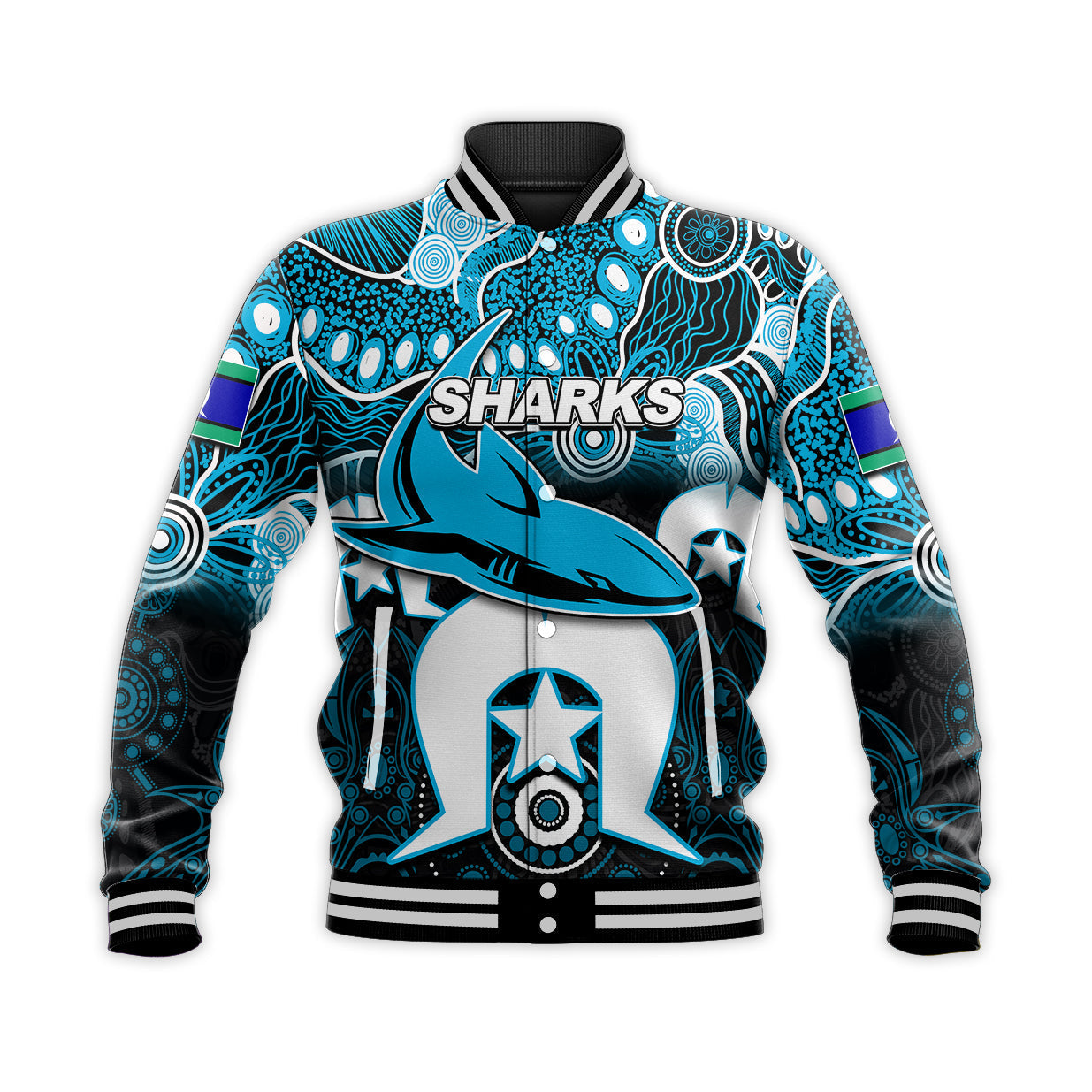 (Custom Personalised) Sharks Torres Strait Islanders Mix Aboriginal Baseball Jacket - Vibe Hoodie Shop