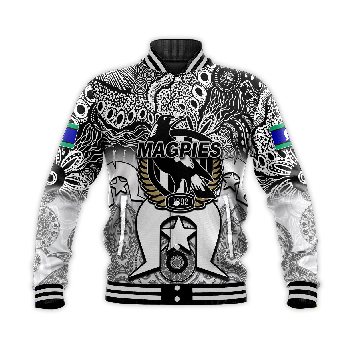 (Custom Personalised) Magpies Australian Football Torres Strait Islanders Mix Aboriginal Baseball Jacket - Vibe Hoodie Shop