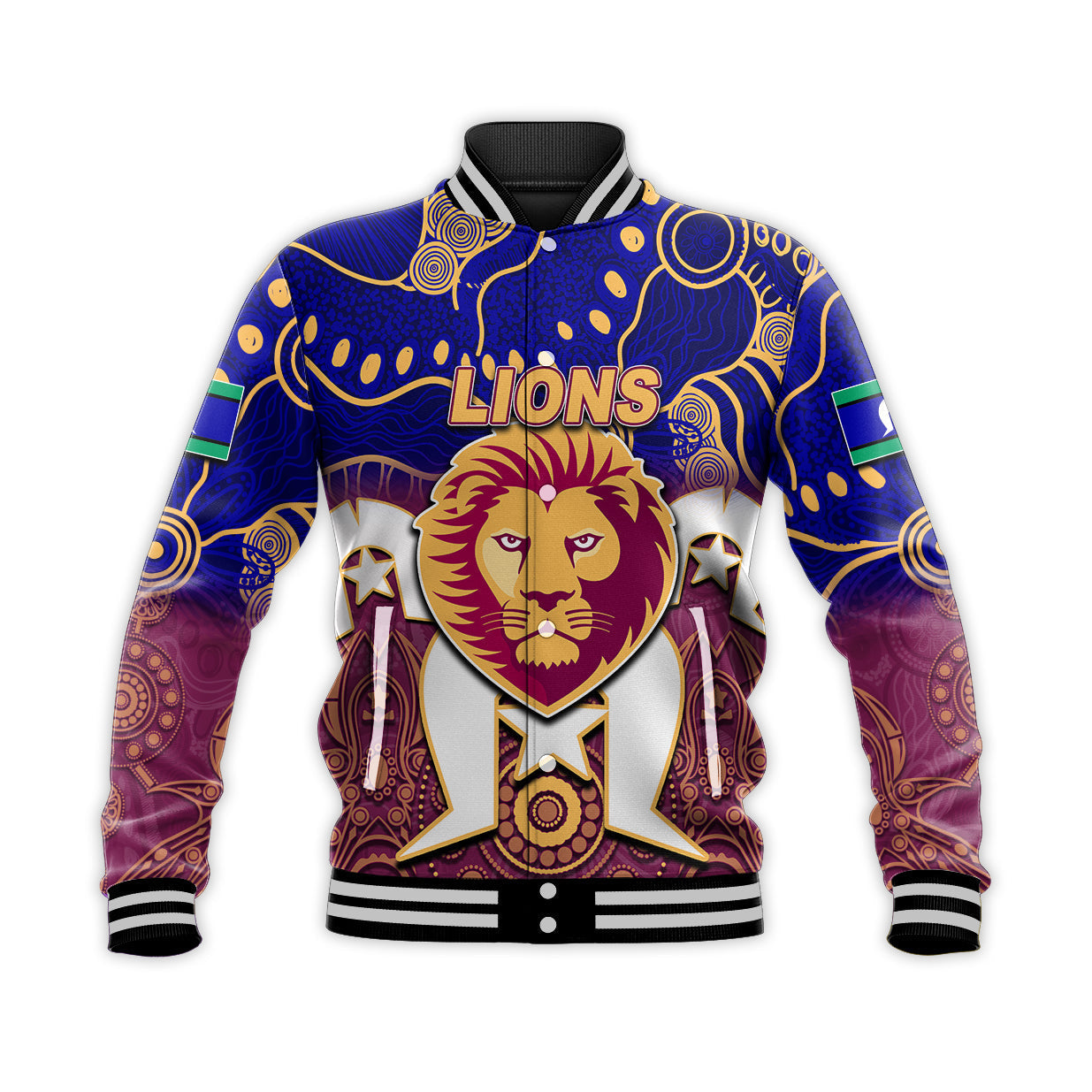 (Custom Personalised) Lions Australian Football Torres Strait Islanders Mix Aboriginal Baseball Jacket - Vibe Hoodie Shop