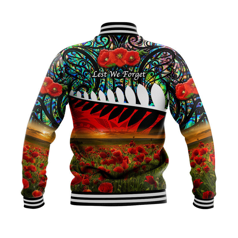 New Zealand Maori ANZAC Baseball Jacket Poppy Vibes - Paua Shell - Vibe Hoodie Shop