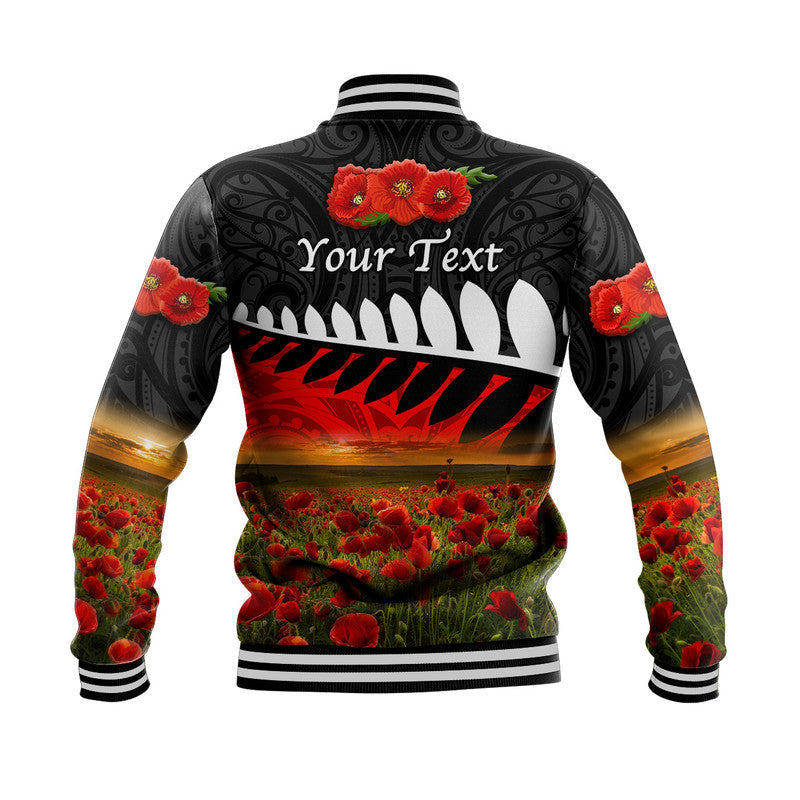 (Custom Personalised) New Zealand Maori ANZAC Baseball Jacket Poppy Vibes - Black - Vibe Hoodie Shop