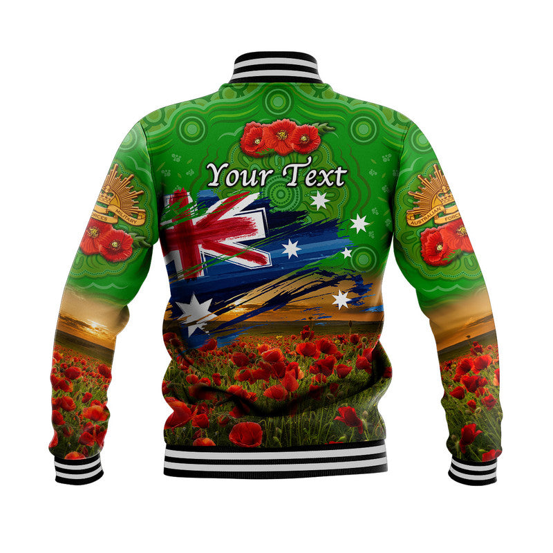 (Custom Personalised) Australia Aboriginal ANZAC Baseball Jacket Poppy Vibes - Green - Vibe Hoodie Shop