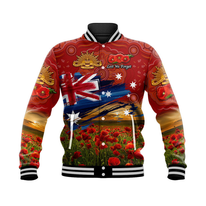 (Custom Personalised) Australia Aboriginal ANZAC Baseball Jacket Poppy Vibes - Red - Vibe Hoodie Shop