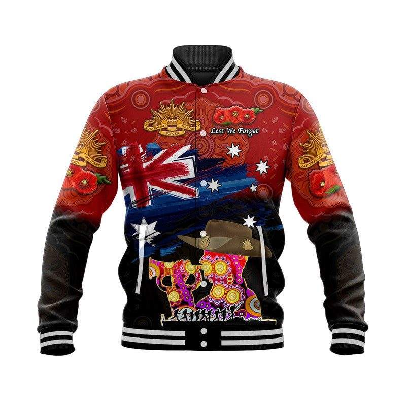 (Custom Personalised) Australia Aboriginal ANZAC Baseball Jacket Remembrance Vibes - Red - Vibe Hoodie Shop