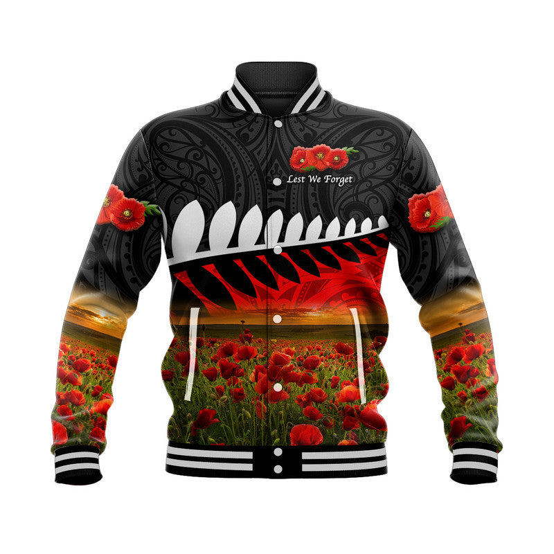 (Custom Personalised) New Zealand Maori ANZAC Baseball Jacket Poppy Vibes - Black - Vibe Hoodie Shop