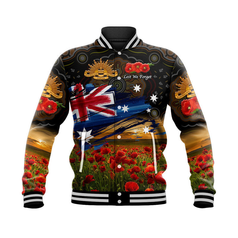 (Custom Personalised) Australia Aboriginal ANZAC Baseball Jacket Poppy Vibes - Black - Vibe Hoodie Shop