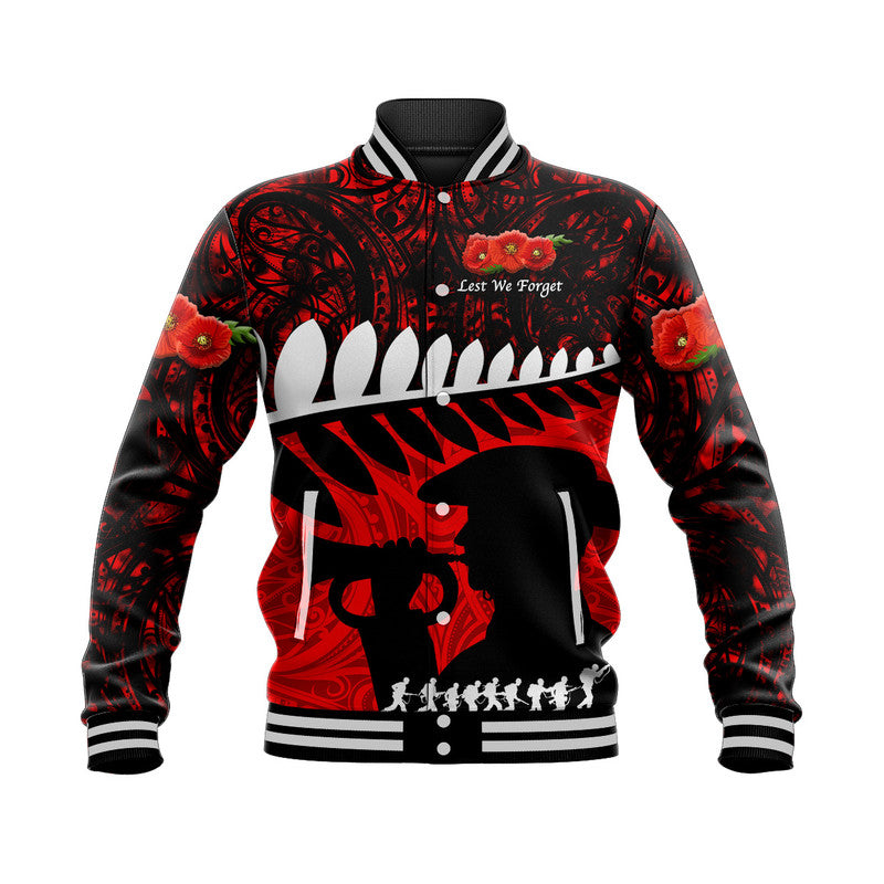 (Custom Personalised) New Zealand Maori ANZAC Baseball Jacket Remembrance Soldier - Red - Vibe Hoodie Shop