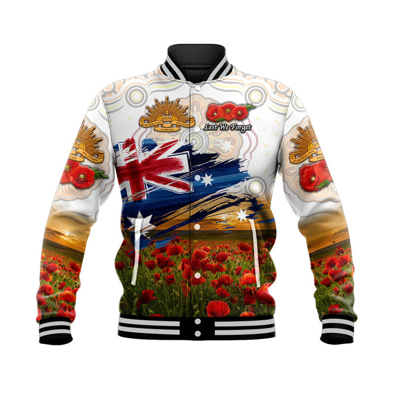 (Custom Personalised) Australia Aboriginal ANZAC Baseball Jacket Poppy Vibes - White - Vibe Hoodie Shop