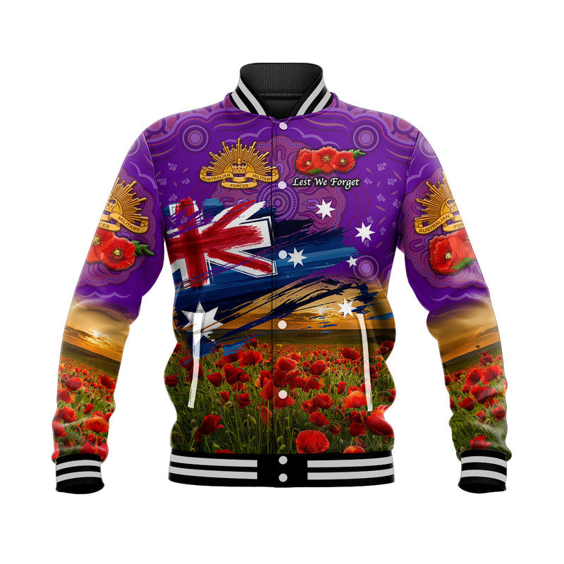 (Custom Personalised) Australia Aboriginal ANZAC Baseball Jacket Poppy Vibes - Purple - Vibe Hoodie Shop